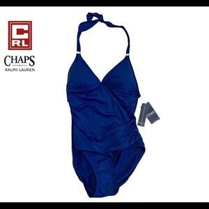 Chaps Ralph Lauren NWT ink blue one piece halter top slimming swimsuit size 8